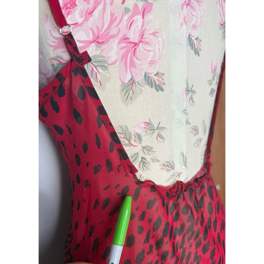 Baby Phat Y2K Red Leopard Print Mesh Chemise Slip Dress Lace Ruffle Hem S Sheer - Picture 10 of 12